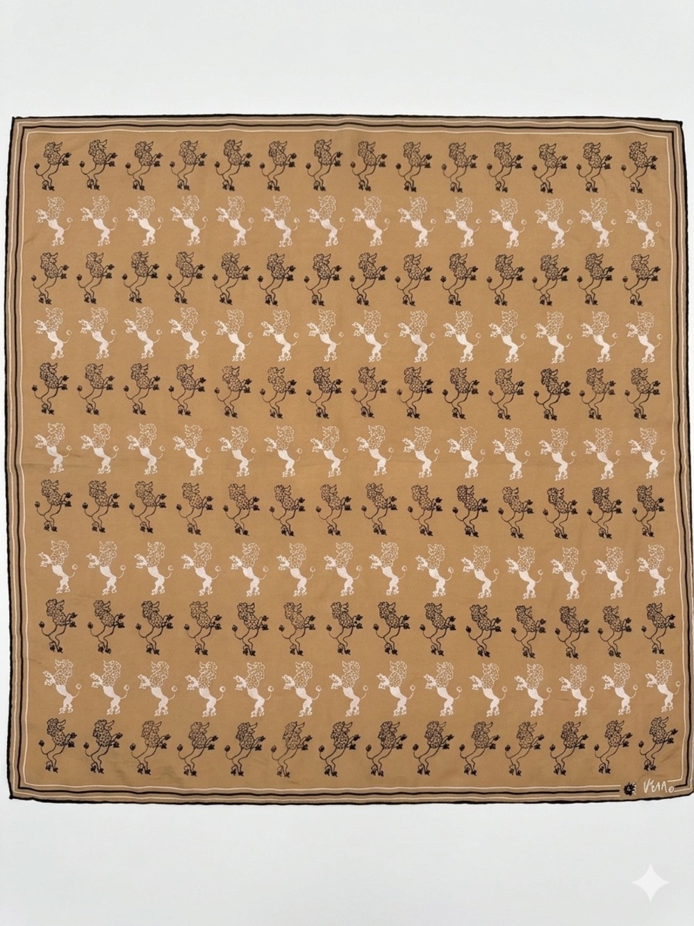 Printed Poodle Silk Scarf in Camel with Black & White Motif